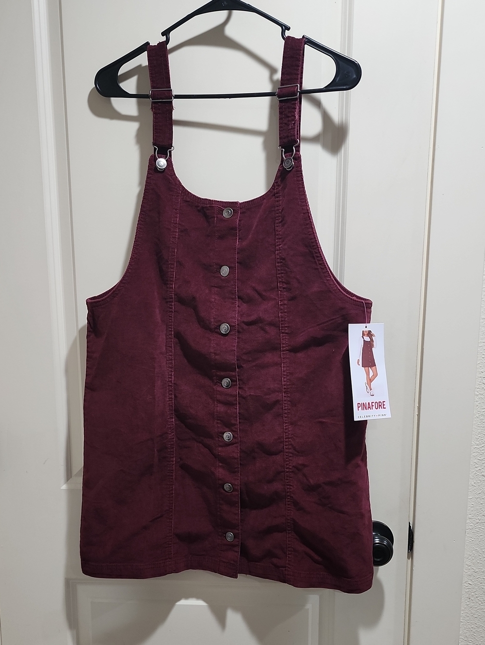 Celebrity Pink Burgundy Corduroy Pinafore Dress Button Front Jumper L NWT